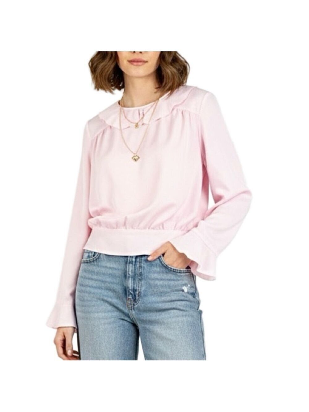 Vintage pastel pink ruffle collar flounce sleeve gathered blouse